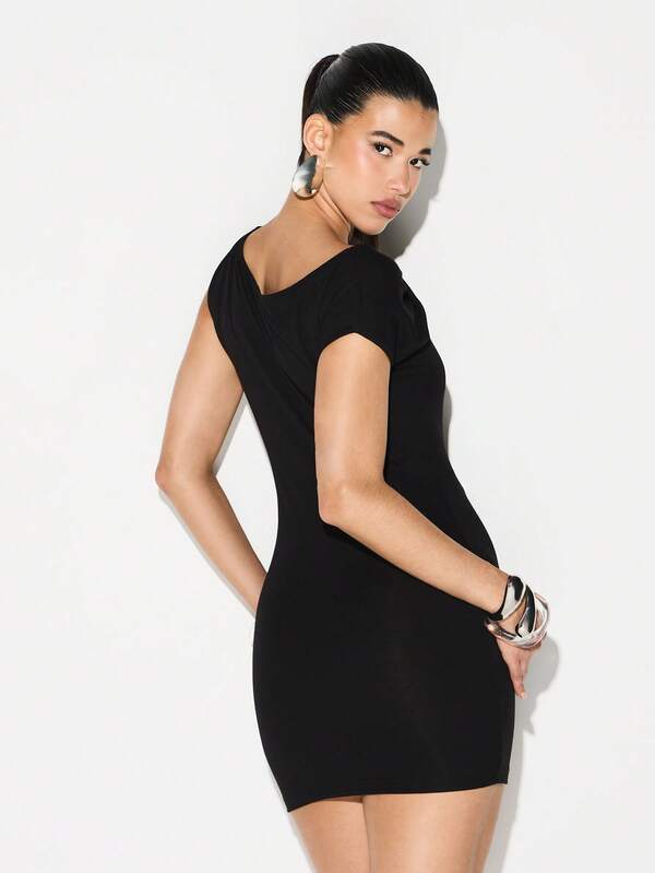 Missguided KIZN Twisted Off Shoulder Asymmetric Mini Dress Bodycon Party Cocktail Evening Nightclub