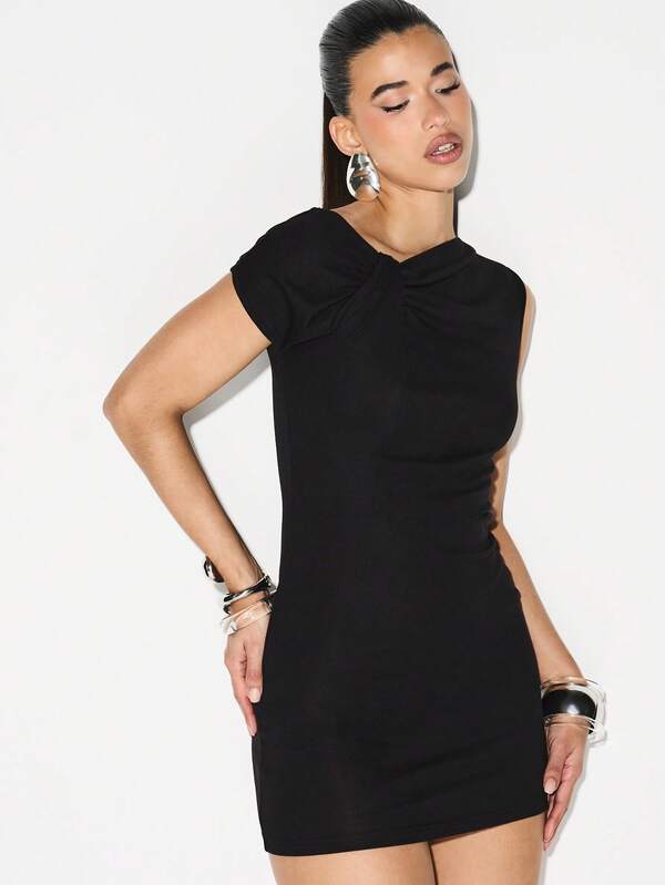 Missguided KIZN Twisted Off Shoulder Asymmetric Mini Dress Bodycon Party Cocktail Evening Nightclub