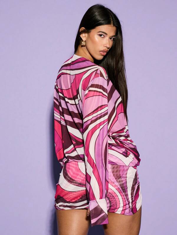 Missguided KIZN V Neck Plunge Printed Mesh Mini Dress Ibiza Bohemian Clothes