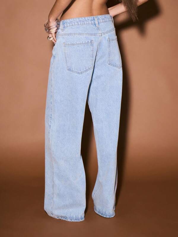 Missguided KIZN Wide Leg Boyfriend Jeans High Rise Light Wash Straight Palazzo Casual Streetwear Denim Pants