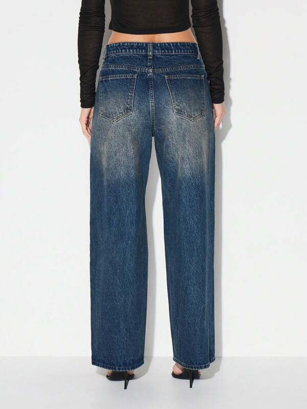 Missguided KIZN Wide Leg High Waisted Denim Jeans Vintage Faded Blue Casual Palazzo Style Pants