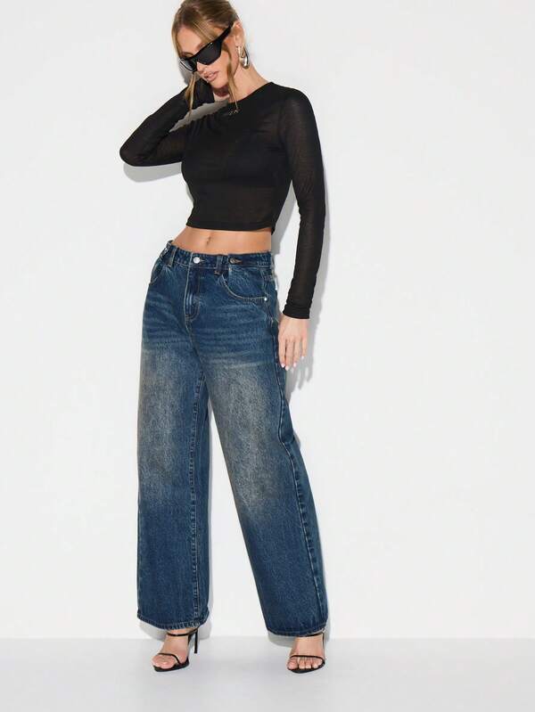 Missguided KIZN Wide Leg High Waisted Denim Jeans Vintage Faded Blue Casual Palazzo Style Pants