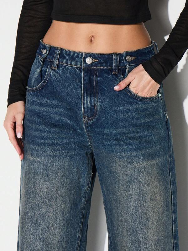 Missguided KIZN Wide Leg High Waisted Denim Jeans Vintage Faded Blue Casual Palazzo Style Pants