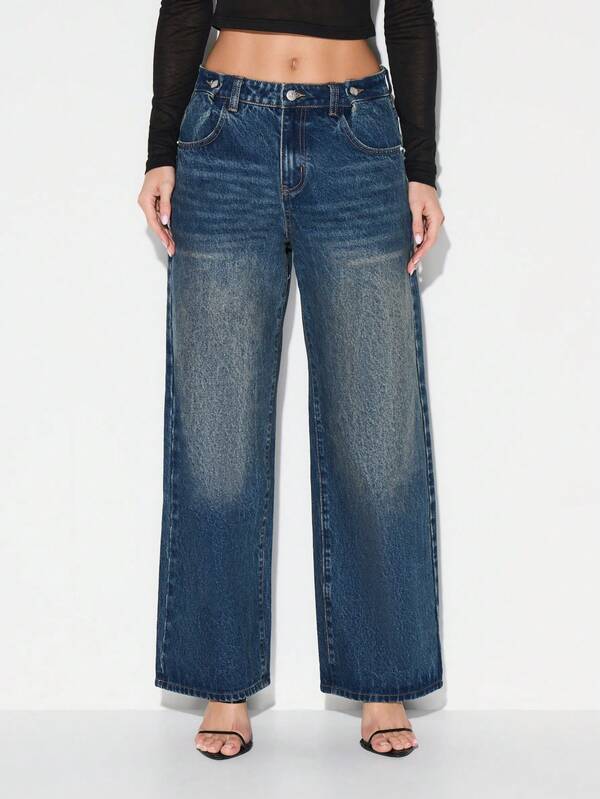 missguided KIZN Wide Leg High Waisted Denim Jeans Vintage Faded Blue Casual Palazzo Style Pants