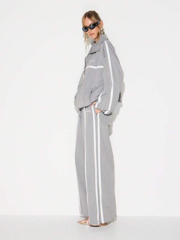 Missguided KIZN Wide Leg Nylon Joggers With Side Tape Detail For Women Casual Athleisure Lounge Pants