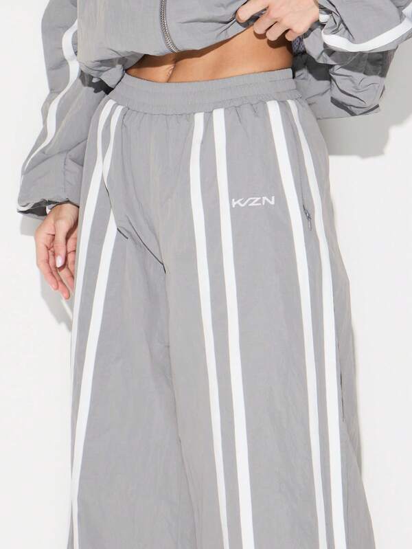 Missguided KIZN Wide Leg Nylon Joggers With Side Tape Detail For Women Casual Athleisure Lounge Pants