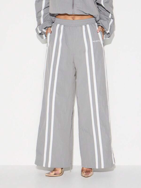 missguided KIZN Wide Leg Nylon Joggers With Side Tape Detail For Women Casual Athleisure Lounge Pants