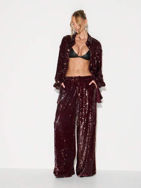 Missguided KIZN Wide Leg Sequin Palazzo Pants High Rise Evening Party Formal Wear Holiday Celebration Outfit