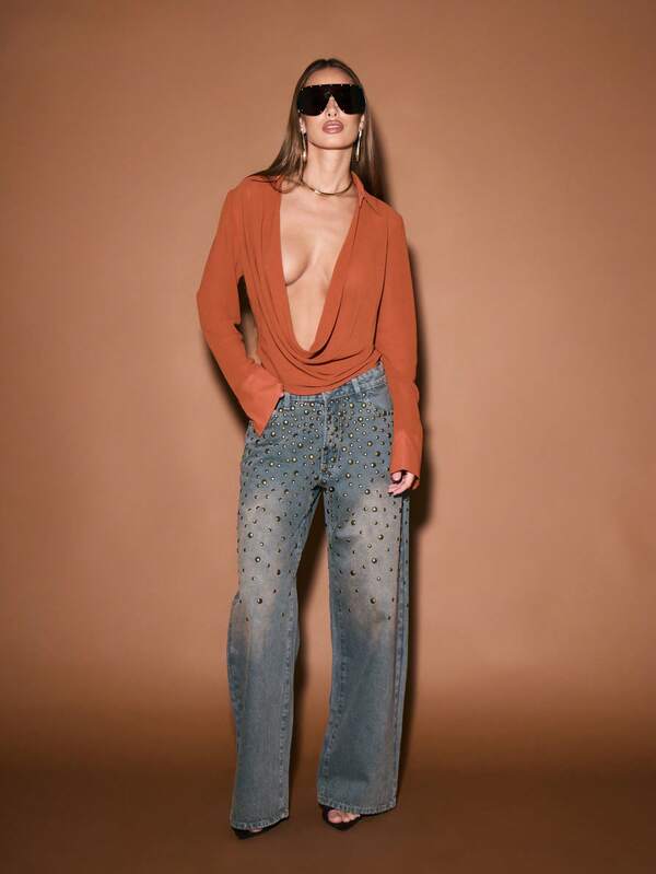 Missguided KIZN Wide Leg Studded Straight Fit High Rise Jeans With Metal Eyelets Embellishments For Women