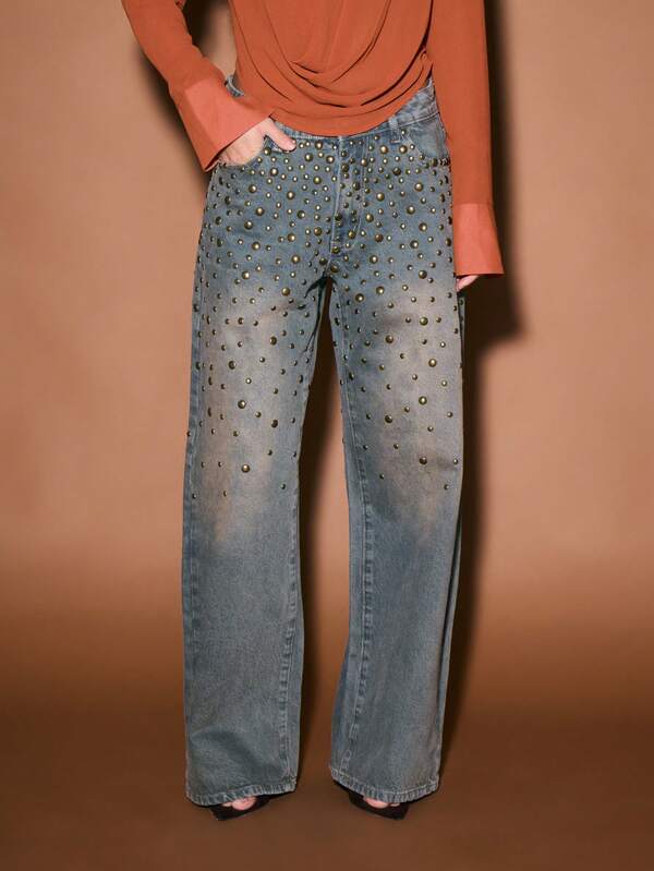 Missguided KIZN Wide Leg Studded Straight Fit High Rise Jeans With Metal Eyelets Embellishments For Women