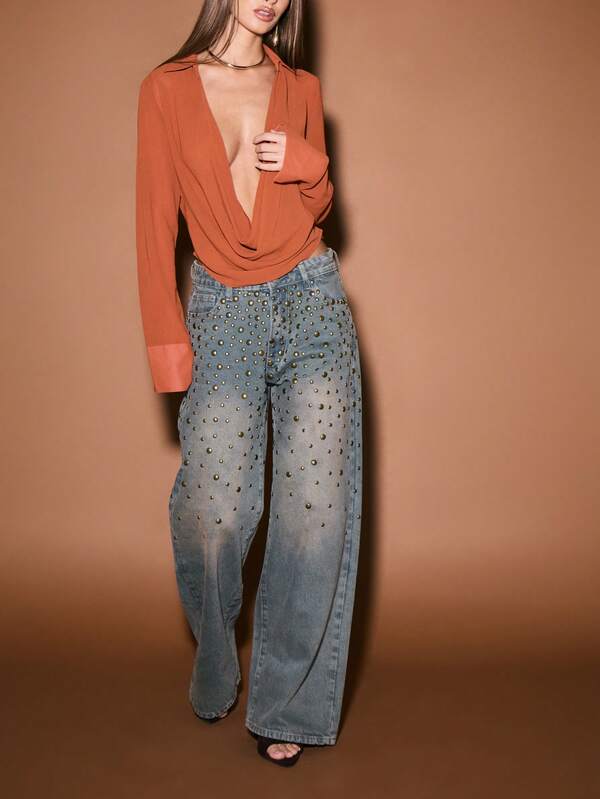 missguided KIZN Wide Leg Studded Straight Fit High Rise Jeans With Metal Eyelets Embellishments For Women