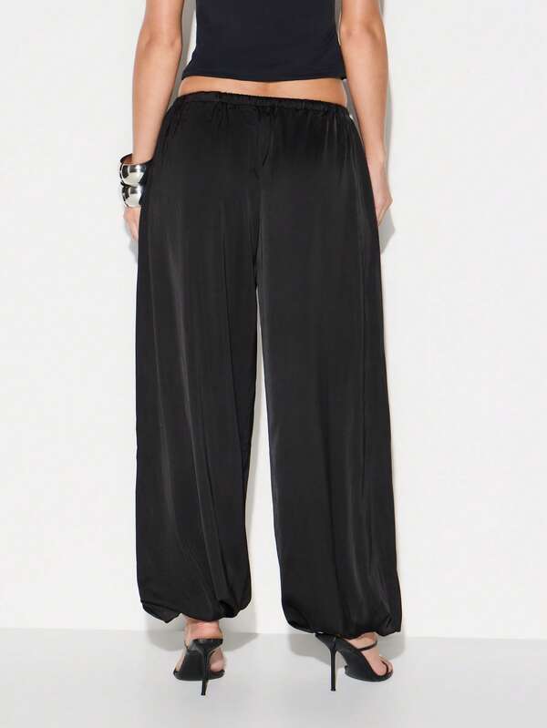 Missguided KIZN Women Black Satin Balloon Joggers Loose Fit High Rise Wide Leg Drawstring Casual Pants
