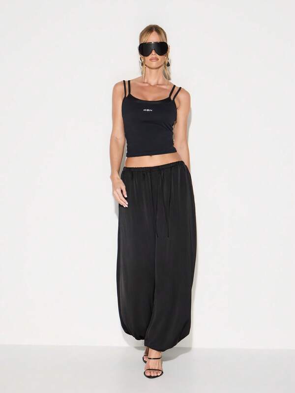 Missguided KIZN Women Black Satin Balloon Joggers Loose Fit High Rise Wide Leg Drawstring Casual Pants