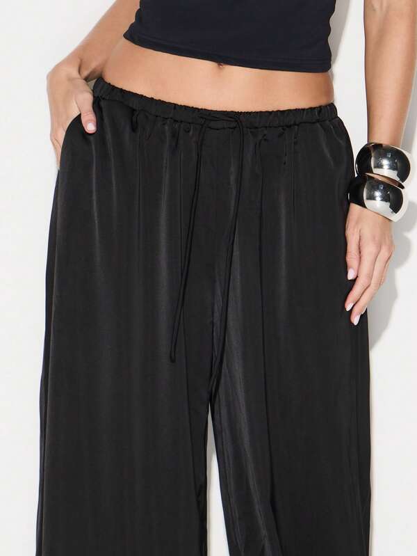 Missguided KIZN Women Black Satin Balloon Joggers Loose Fit High Rise Wide Leg Drawstring Casual Pants