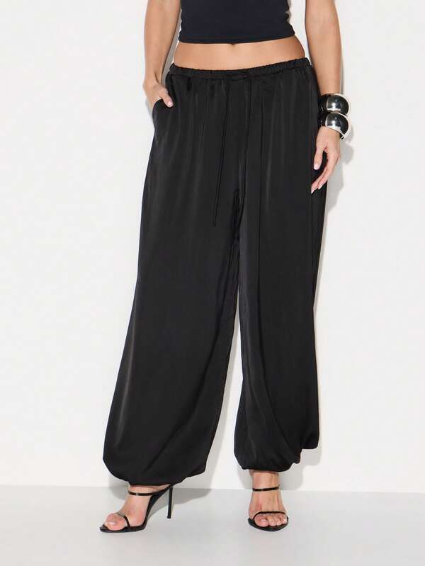 missguided KIZN Women Black Satin Balloon Joggers Loose Fit High Rise Wide Leg Drawstring Casual Pants
