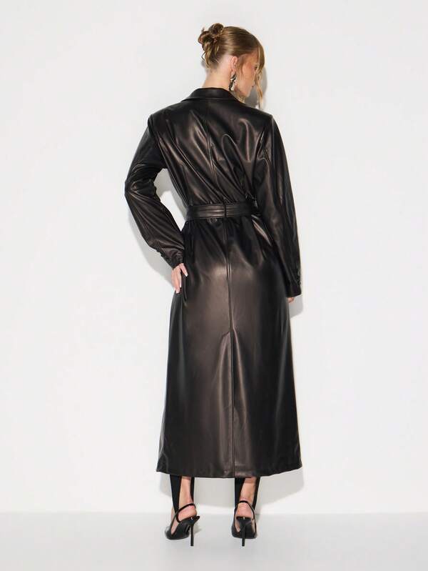 Missguided KIZN Women Faux Leather Double Breasted Maxi Trench Coat With Belt And Lapels Fall Winter Outerwear