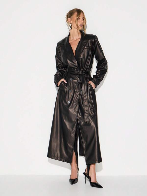 missguided KIZN Women Faux Leather Double Breasted Maxi Trench Coat With Belt And Lapels Fall Winter Outerwear