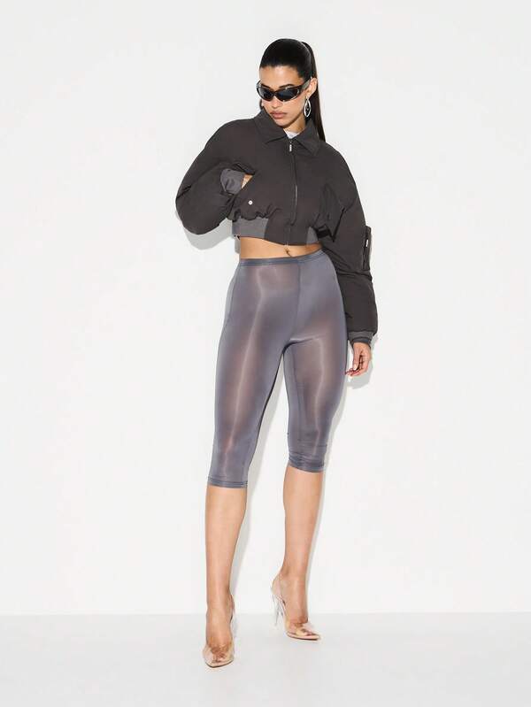 Missguided KIZN Women Oversized Bomber Winter Coat Cropped Peached Nylon Zip Up Outerwear With Ribbed Hem