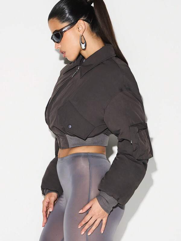 Missguided KIZN Women Oversized Bomber Winter Coat Cropped Peached Nylon Zip Up Outerwear With Ribbed Hem