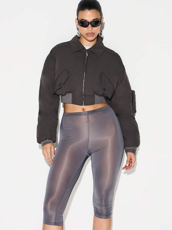 missguided KIZN Women Oversized Bomber Winter Coat Cropped Peached Nylon Zip Up Outerwear With Ribbed Hem