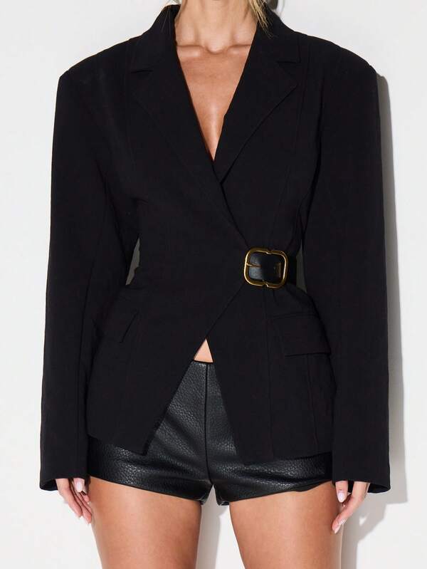 Missguided KIZN Women Professional Lapel Blazer With Belt Detail And Long Sleeves For Office Formal Work Business