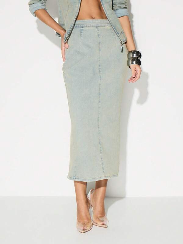 missguided KIZN Women's Fitted Light Wash Denim Pencil Skirt With Back Zip Midi Length High Waisted Bodycon Casual Spring Summer