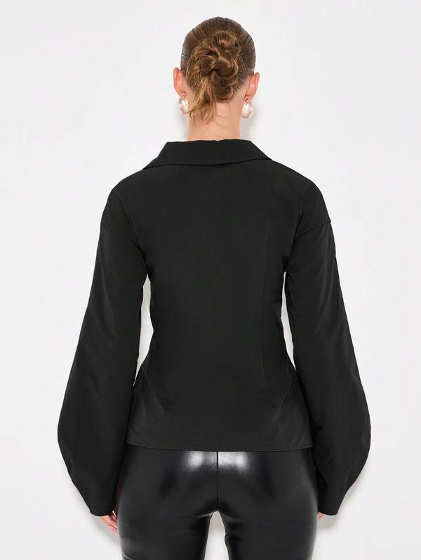 Missguided KIZN Women's Long Sleeve Button Down Blouse With Pointed Collar And Asymmetric Hem Detail