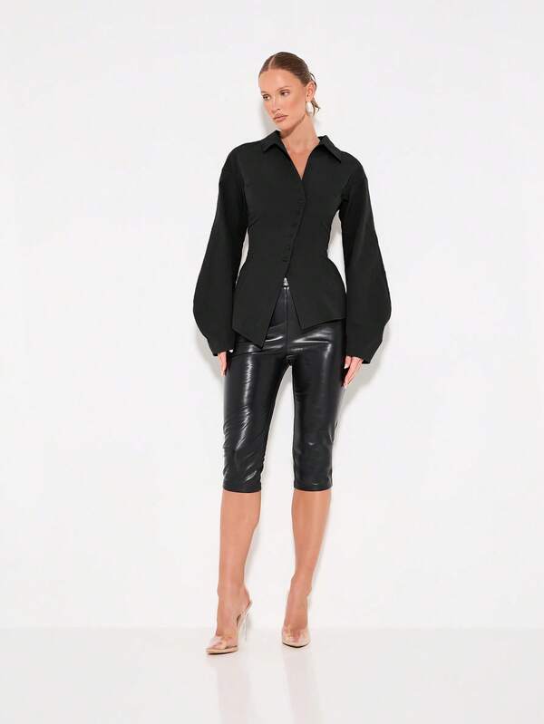 Missguided KIZN Women's Long Sleeve Button Down Blouse With Pointed Collar And Asymmetric Hem Detail