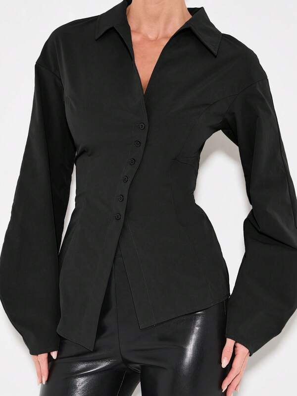 Missguided KIZN Women's Long Sleeve Button Down Blouse With Pointed Collar And Asymmetric Hem Detail