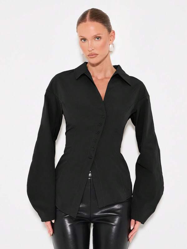 missguided KIZN Women's Long Sleeve Button Down Blouse With Pointed Collar And Asymmetric Hem Detail