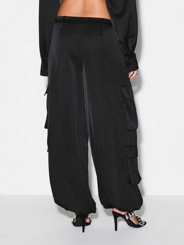Missguided KIZN Women Satin Cargo Parachute Pants High Waisted Wide Leg Utility Pants With Multiple Pockets Street Style Fashion Bottoms