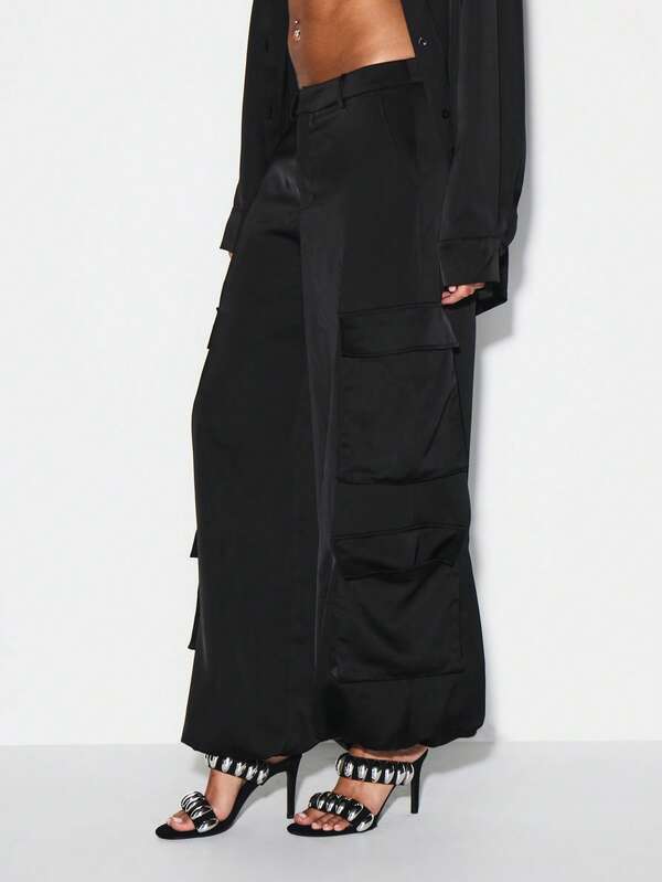 Missguided KIZN Women Satin Cargo Parachute Pants High Waisted Wide Leg Utility Pants With Multiple Pockets Street Style Fashion Bottoms