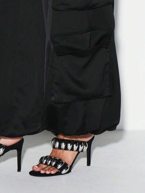 Missguided KIZN Women Satin Cargo Parachute Pants High Waisted Wide Leg Utility Pants With Multiple Pockets Street Style Fashion Bottoms