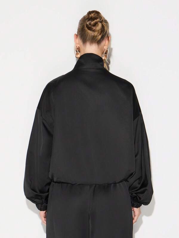 Missguided KIZN Women Zip Up Satin Bomber Jacket With Ribbed Cuffs And Waistband For Fall Fashion Outerwear