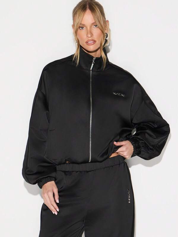 Missguided KIZN Women Zip Up Satin Bomber Jacket With Ribbed Cuffs And Waistband For Fall Fashion Outerwear