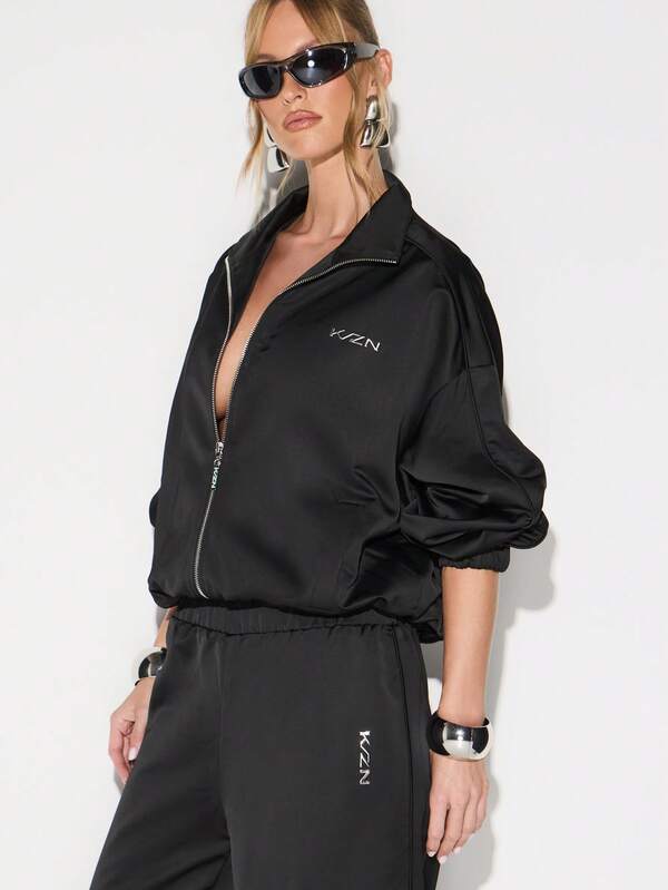 missguided KIZN Women Zip Up Satin Bomber Jacket With Ribbed Cuffs And Waistband For Fall Fashion Outerwear