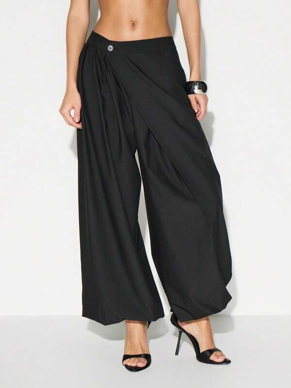 missguided KIZN Wrap Front Wide Leg Palazzo Pants For Women High Waisted Flowy Casual Balloon Trousers Summer Vacation Beachwear
