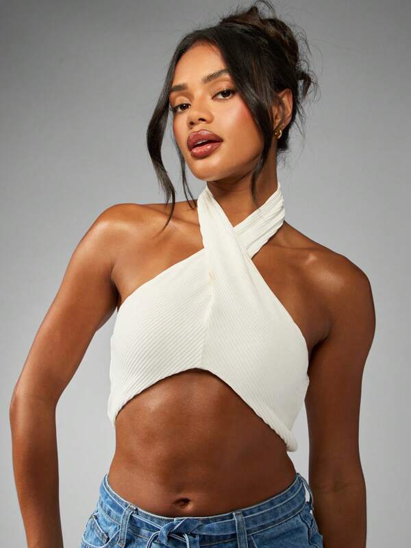 Missguided MISSGUIDED 3 Pack Ribbed Crossover Front Halter Neck Crop Tank Tops