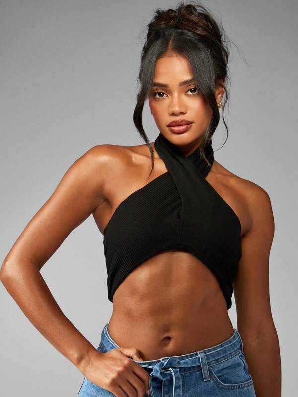 Missguided MISSGUIDED 3 Pack Ribbed Crossover Front Halter Neck Crop Tank Tops