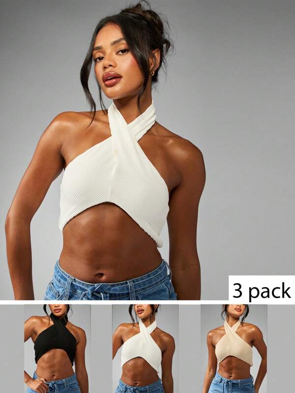 missguided MISSGUIDED 3 Pack Ribbed Crossover Front Halter Neck Crop Tank Tops