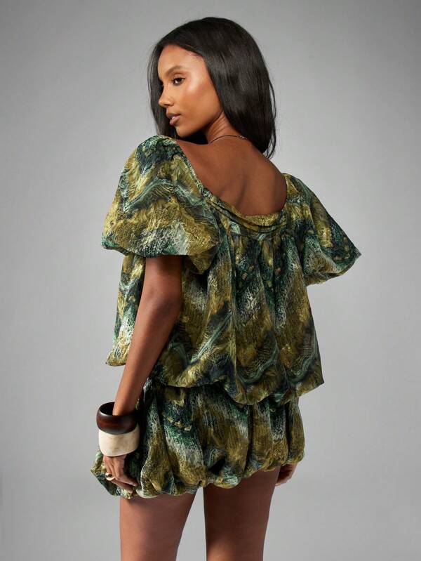 Missguided MISSGUIDED Abstract Print Balloon Sleeve Top With Bubble Shorts
