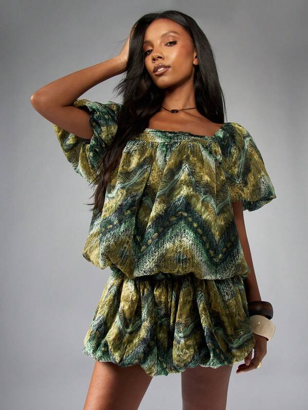 Missguided MISSGUIDED Abstract Print Balloon Sleeve Top With Bubble Shorts