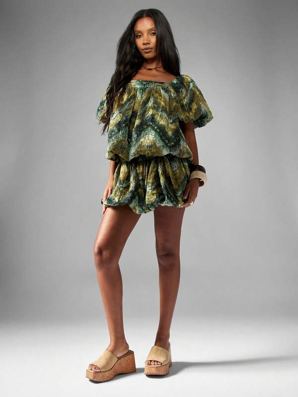 Missguided MISSGUIDED Abstract Print Balloon Sleeve Top With Bubble Shorts