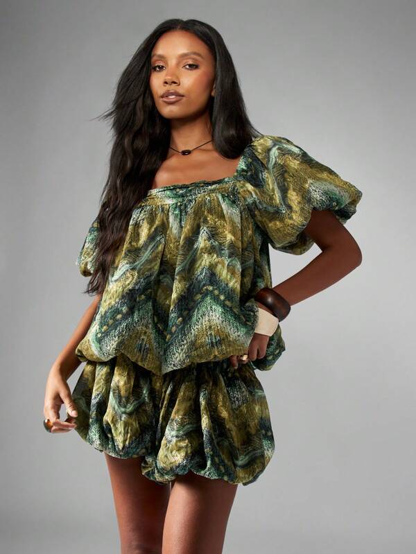 missguided MISSGUIDED Abstract Print Balloon Sleeve Top With Bubble Shorts