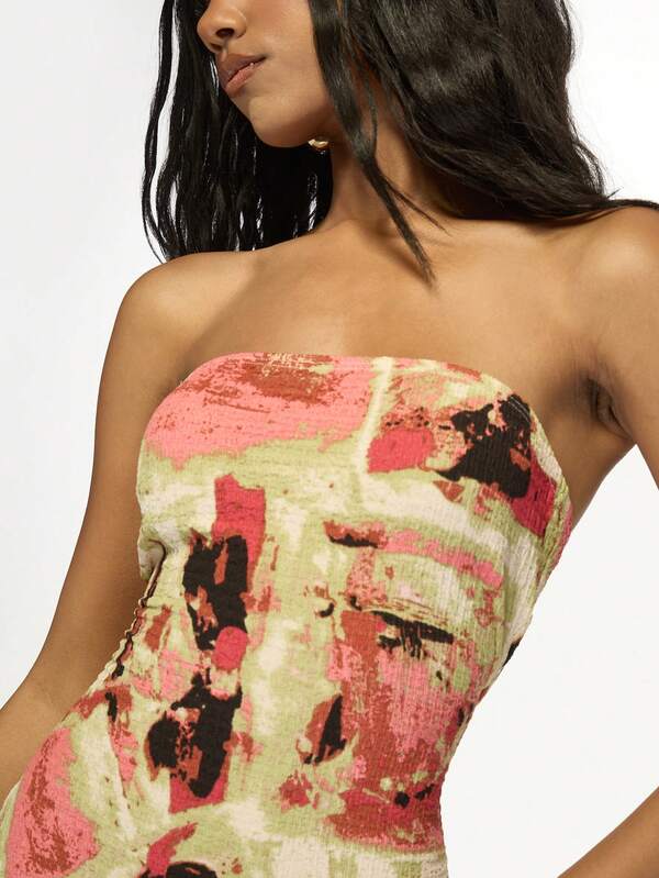 Missguided MISSGUIDED Abstract Print Elegant Strapless Bodycon Long Dress