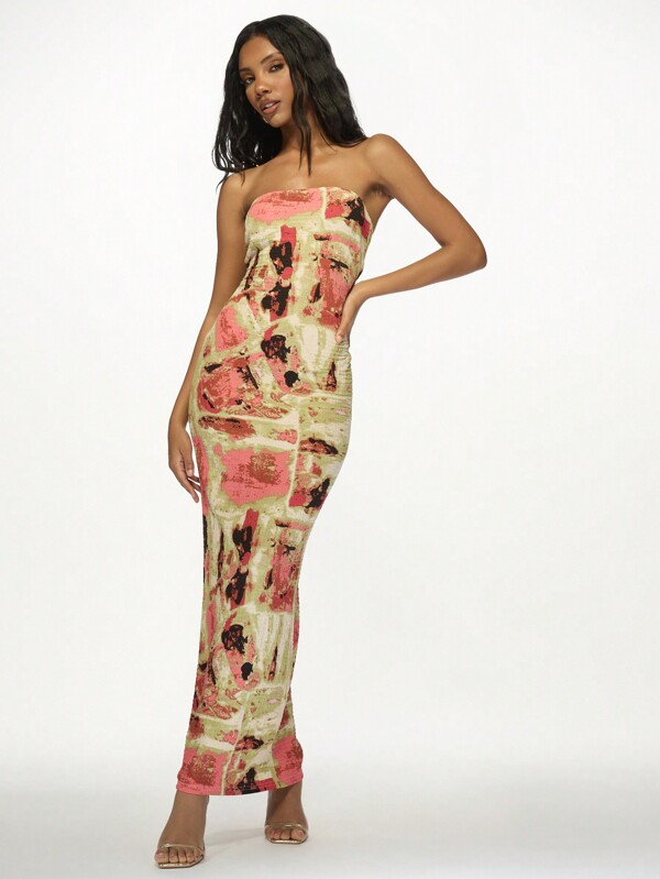missguided MISSGUIDED Abstract Print Elegant Strapless Bodycon Long Dress