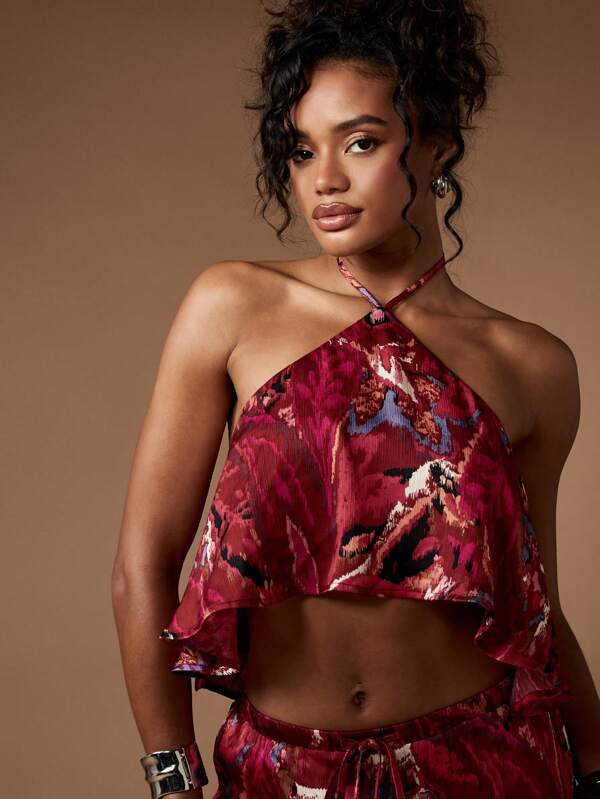Missguided MISSGUIDED Abstract Print Halter Crop Palazzo Two-Piece Outfit