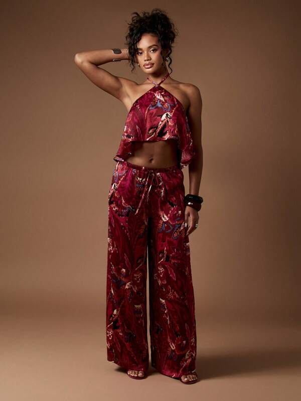 missguided MISSGUIDED Abstract Print Halter Crop Palazzo Two-Piece Outfit