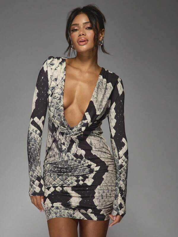missguided MISSGUIDED Abstract Print Ruched Mini Dress With Plunge Neckline