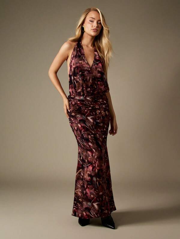 Missguided MISSGUIDED Abstract Print Wrap Maxi Dress With Halter Neck